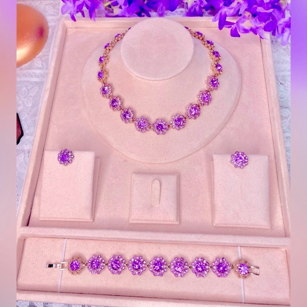🌷 Purple Rhinestone Gold Jewelry Set 🌹 Necklace Bracelet Earrings 🌹